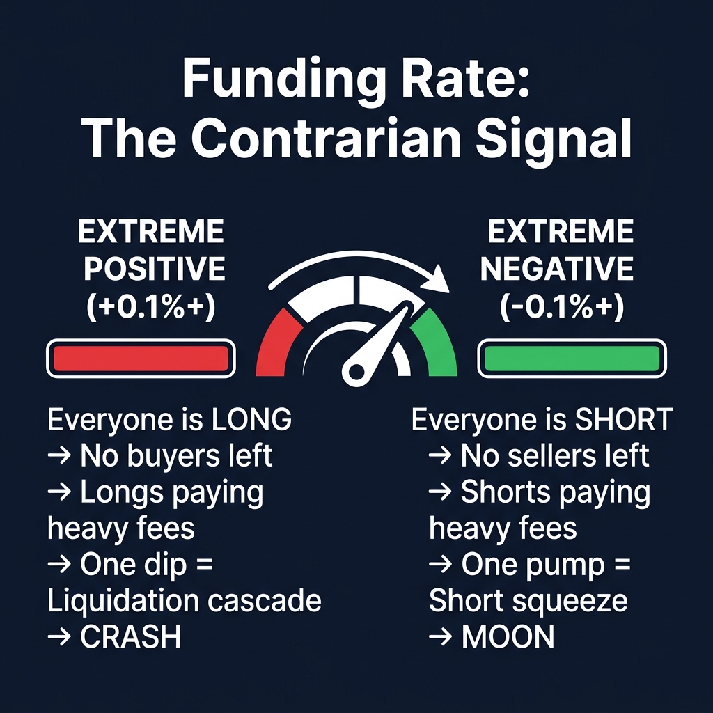 Funding Rate: The Contrarian Signal — Extreme positive = crash (everyone long, no buyers left), Extreme negative = squeeze (everyone short, no sellers left)