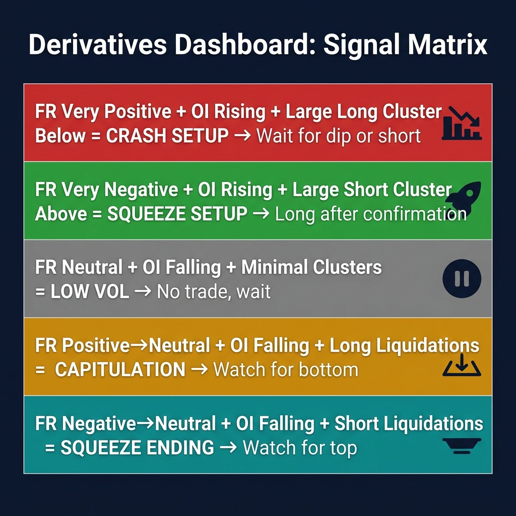 Derivatives Dashboard: Signal Matrix — 5 scenarios from Crash Setup to Squeeze Ending with FR, OI, and liquidation combinations