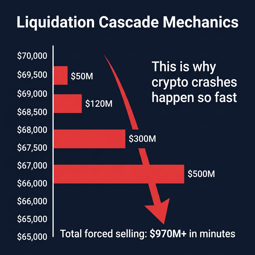 Liquidation Cascade: Price falling from $70K to $65K with escalating forced selling ($50M→$500M) — $970M+ liquidated in minutes