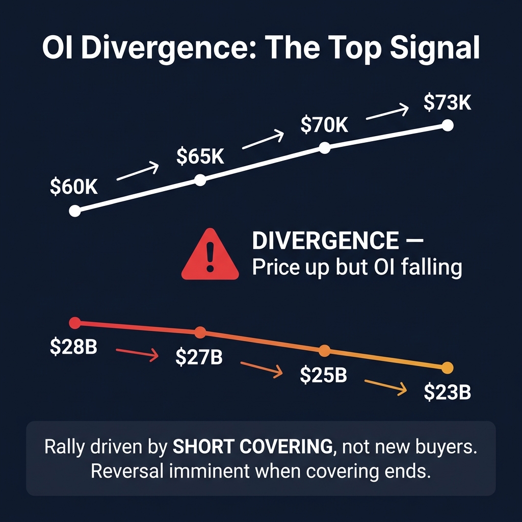 OI Divergence: Price rising ($60K→$73K) while OI falling ($28B→$23B) — warning signal, rally driven by short covering