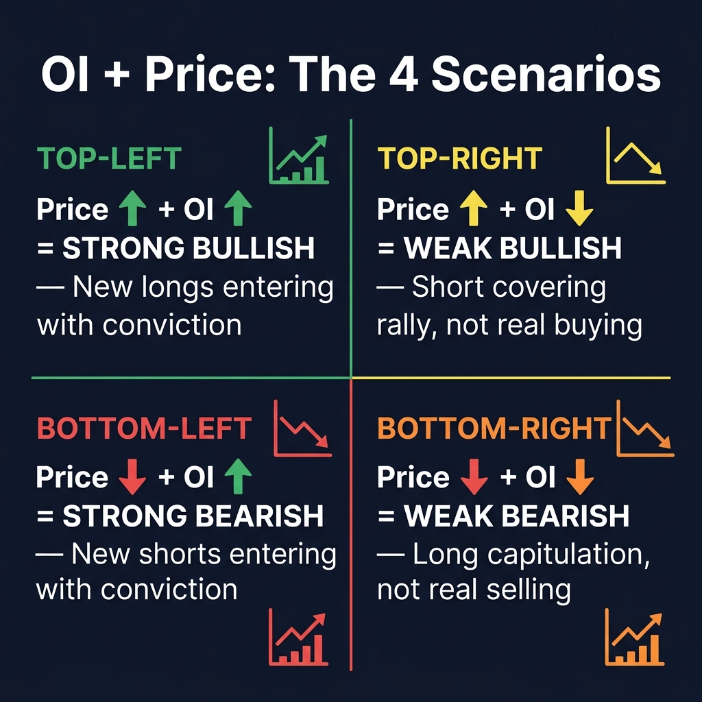 OI + Price: The 4 Scenarios — Strong Bullish (Price↑ OI↑), Weak Bullish (Price↑ OI↓), Strong Bearish (Price↓ OI↑), Weak Bearish (Price↓ OI↓)