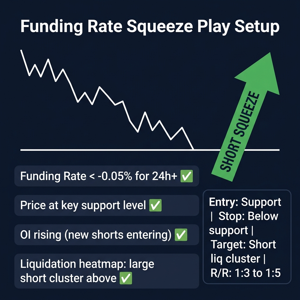 Funding Rate Squeeze Play: 4 conditions (FR < -0.05%, key support, OI rising, short cluster above) → Short Squeeze entry with R/R 1:3 to 1:5