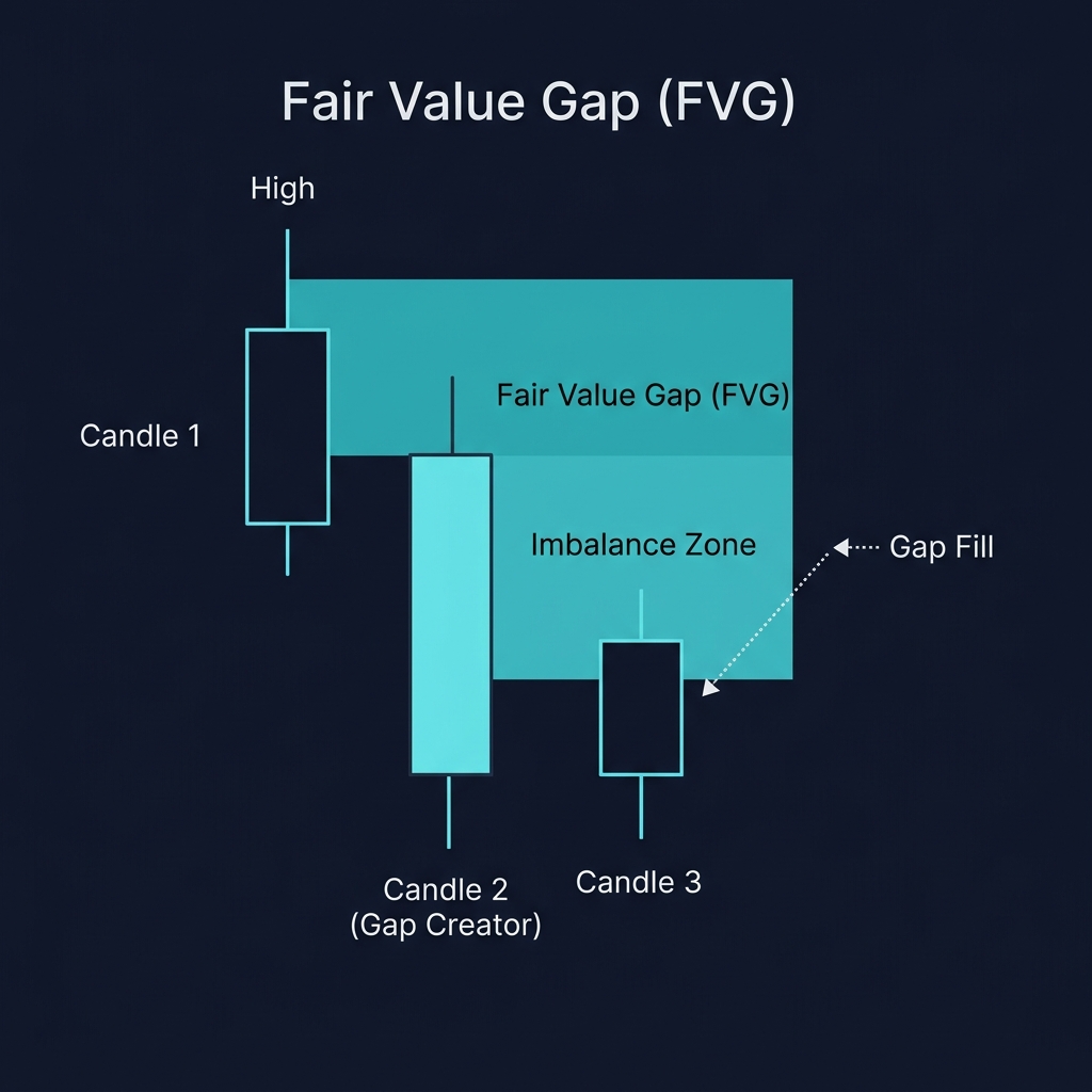 Fair Value Gap (FVG) imbalance zone on candlestick chart showing the gap between candle wicks and price returning to fill