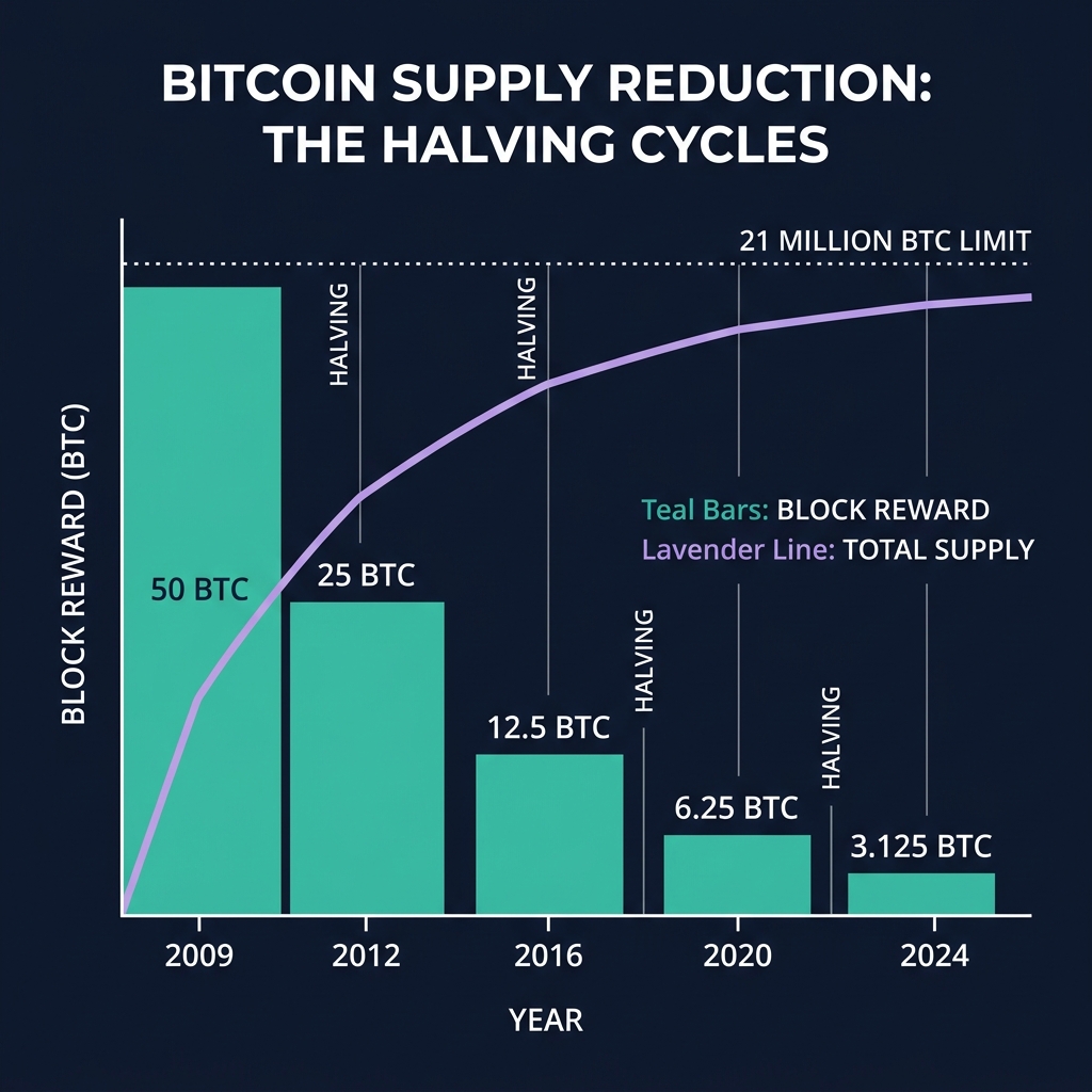 Bitcoin supply reduction: Block reward decreasing from 50 BTC to 3.125 BTC across halvings, approaching 21M cap