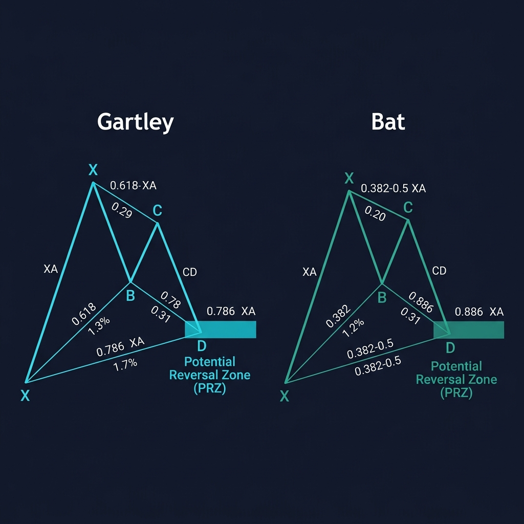 Gartley (D=0.786) và Bat (D=0.886) harmonic patterns với PRZ