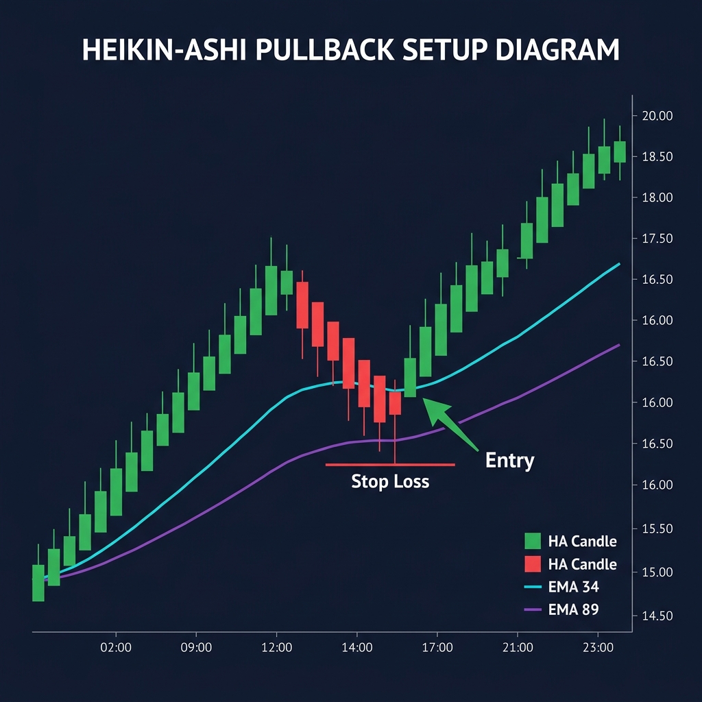 HA + EMA pullback strategy — entry khi HA candle xanh tại EMA 34