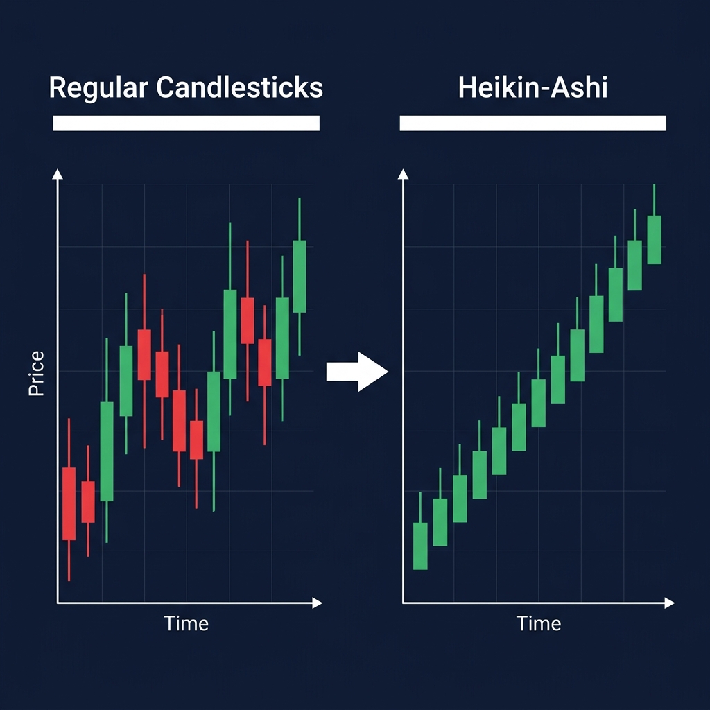 Regular Candlesticks vs Heikin-Ashi — Noise reduction comparison