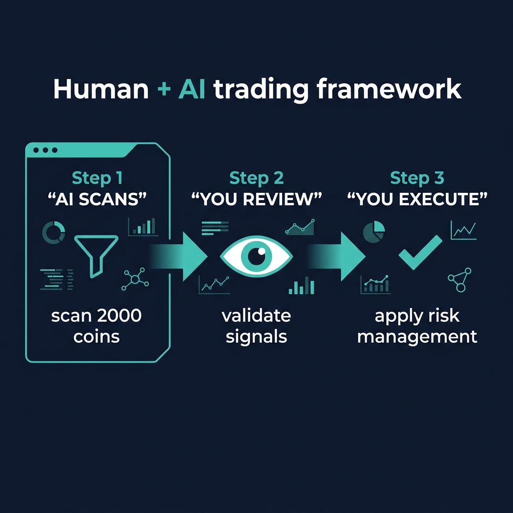 The Human + AI trading framework: Step 1 AI Scans, Step 2 You Review, Step 3 You Execute
