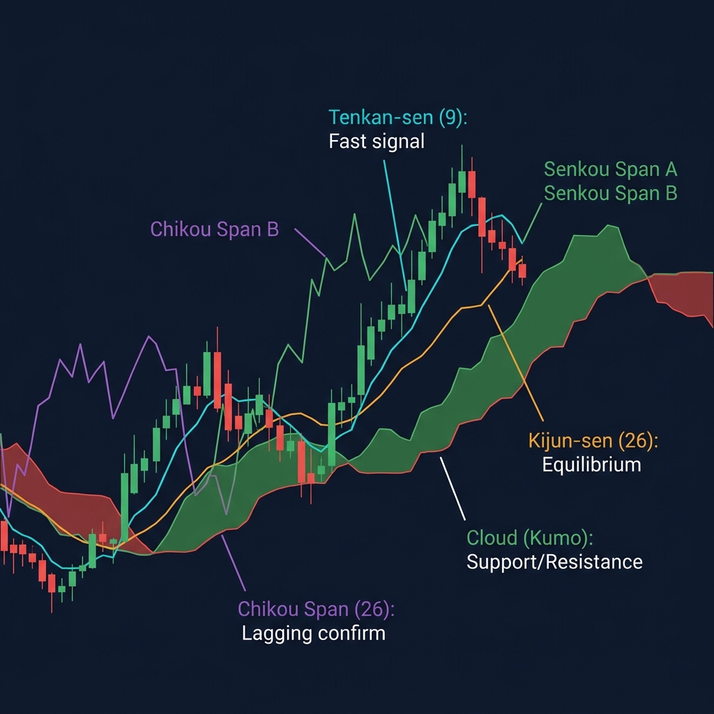 5 thành phần Ichimoku Cloud — Tenkan-sen, Kijun-sen, Chikou, Senkou A/B
