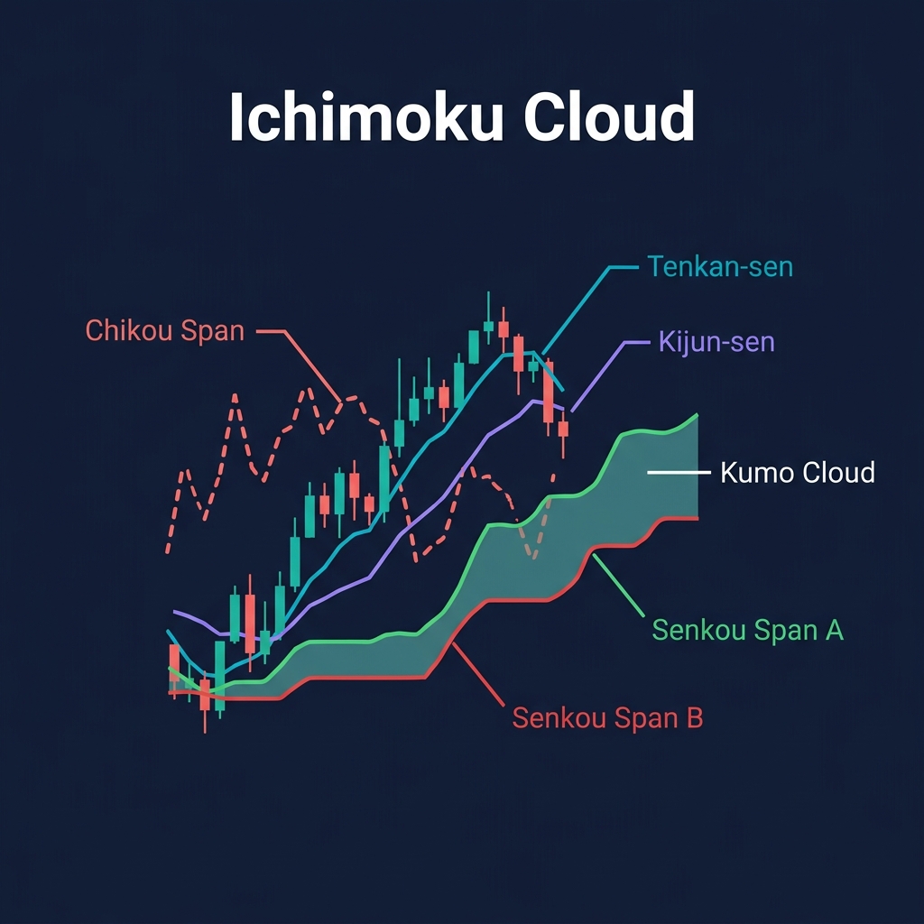 Ichimoku Cloud components showing all five lines over a candlestick chart
