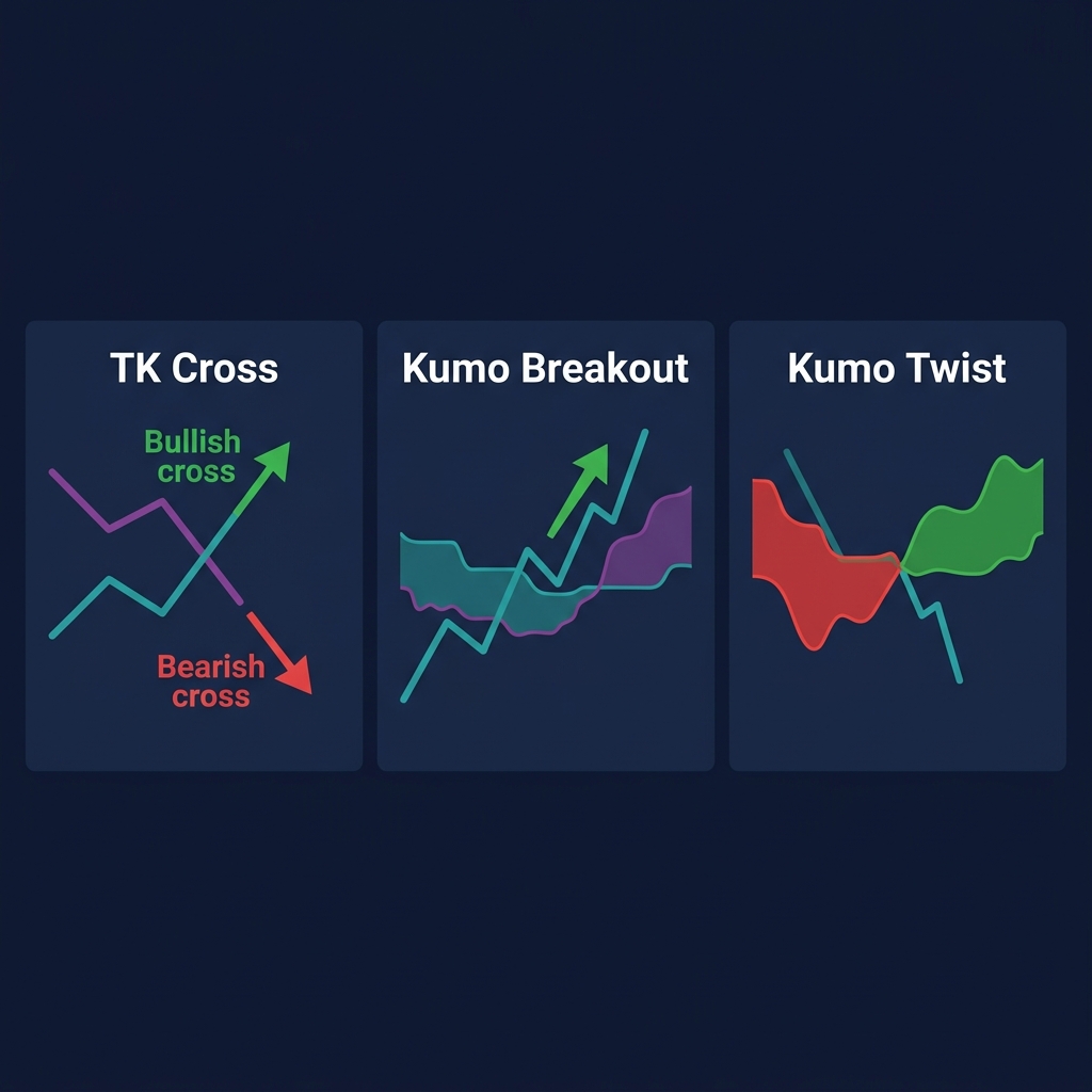 Three Ichimoku trading signals: TK Cross, Cloud Breakout, and Cloud Twist with bullish/bearish examples