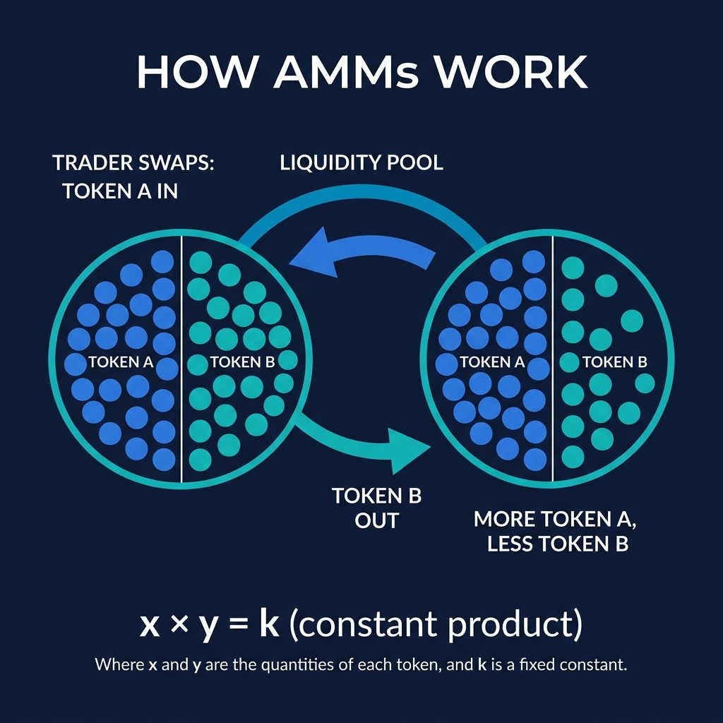 How AMMs Work: A liquidity pool with Token A and Token B. When a trader swaps Token A in and Token B out, the pool rebalances — more Token A, less Token B. Formula: x × y = k (constant product)