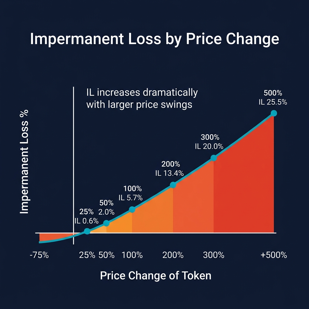Impermanent Loss by Price Change: Shows the non-linear IL curve from 25% (0.6% IL) to 500% (25.5% IL), demonstrating that IL increases dramatically with larger price swings