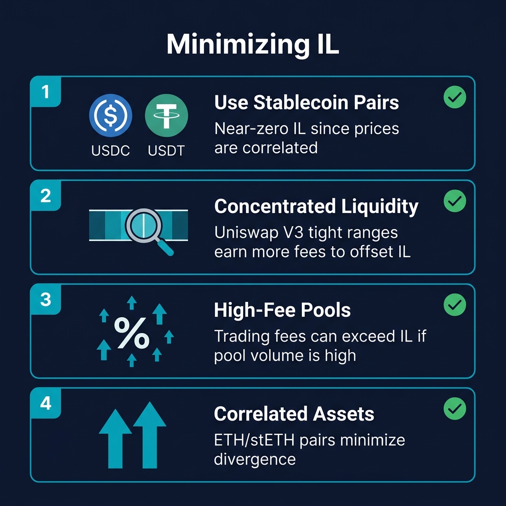 Minimizing IL: 4 strategies — Use Stablecoin Pairs, Concentrated Liquidity, High-Fee Pools, and Correlated Assets