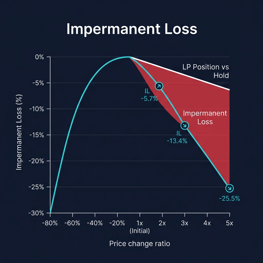 IL curve — 2x=-5.7%, 3x=-13.4%, 5x=-25.5% so với hold