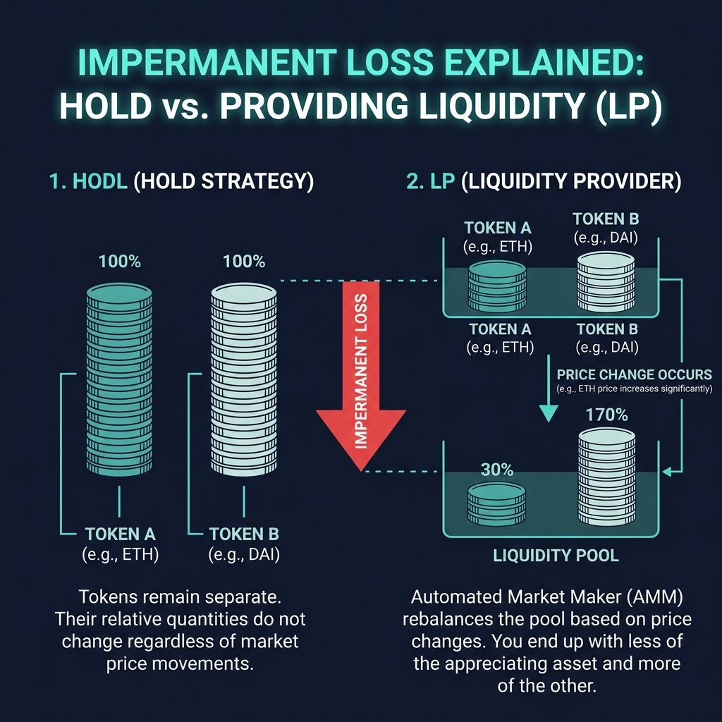 Impermanent loss explained: HOLD vs LP comparison showing value difference when token prices diverge
