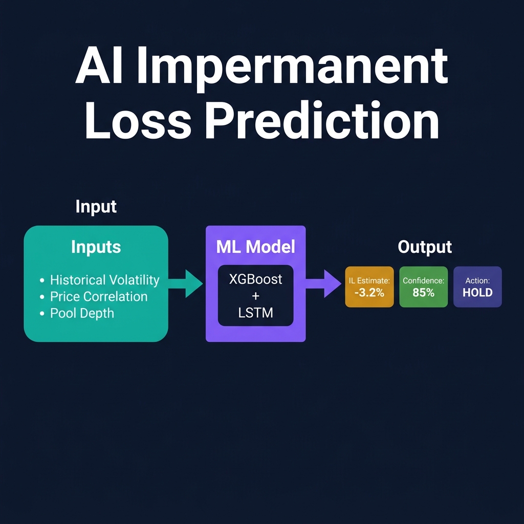 Impermanent loss prediction concept showing ML model inputs (volatility, correlation, volume) producing forward-looking IL estimates with confidence intervals