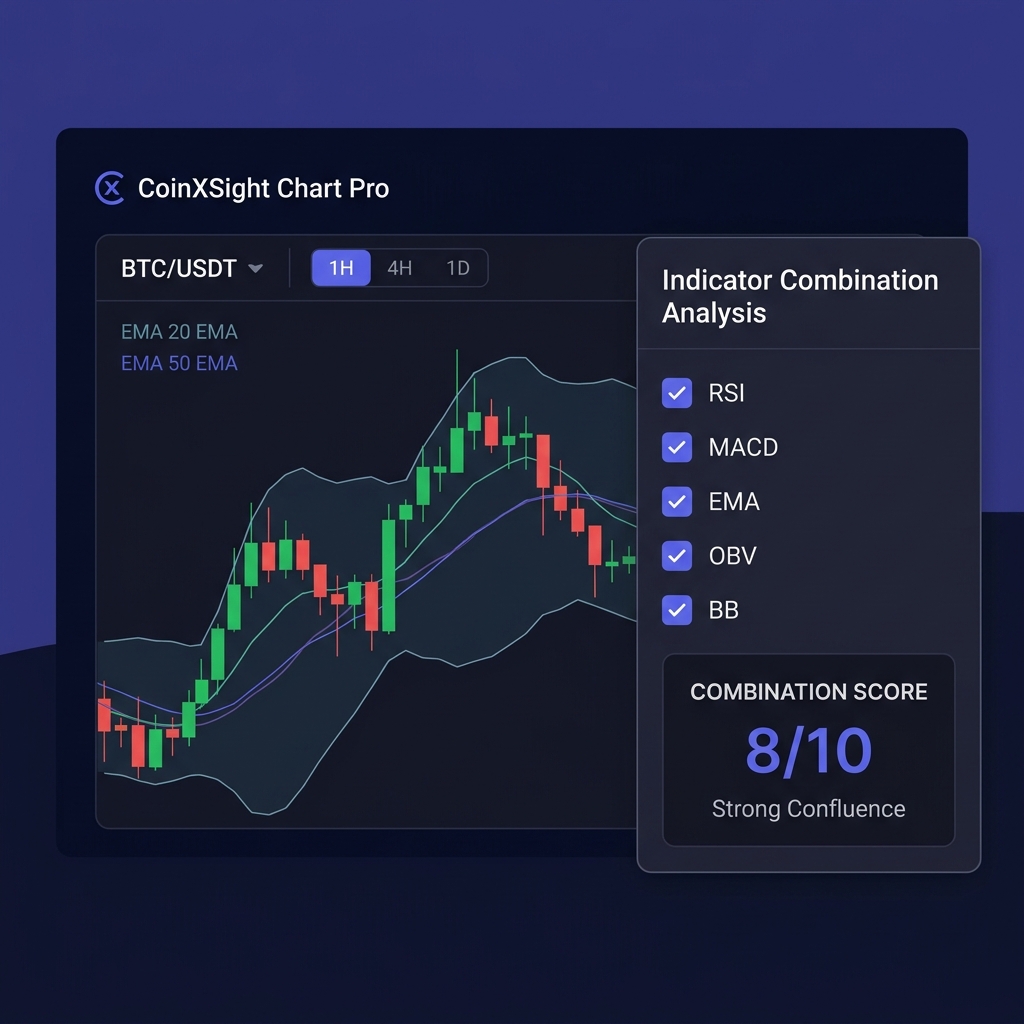 CoinXSight Chart Pro module showing BTC/USDT chart with indicator combination analysis panel and Confluence Score of 8 out of 10