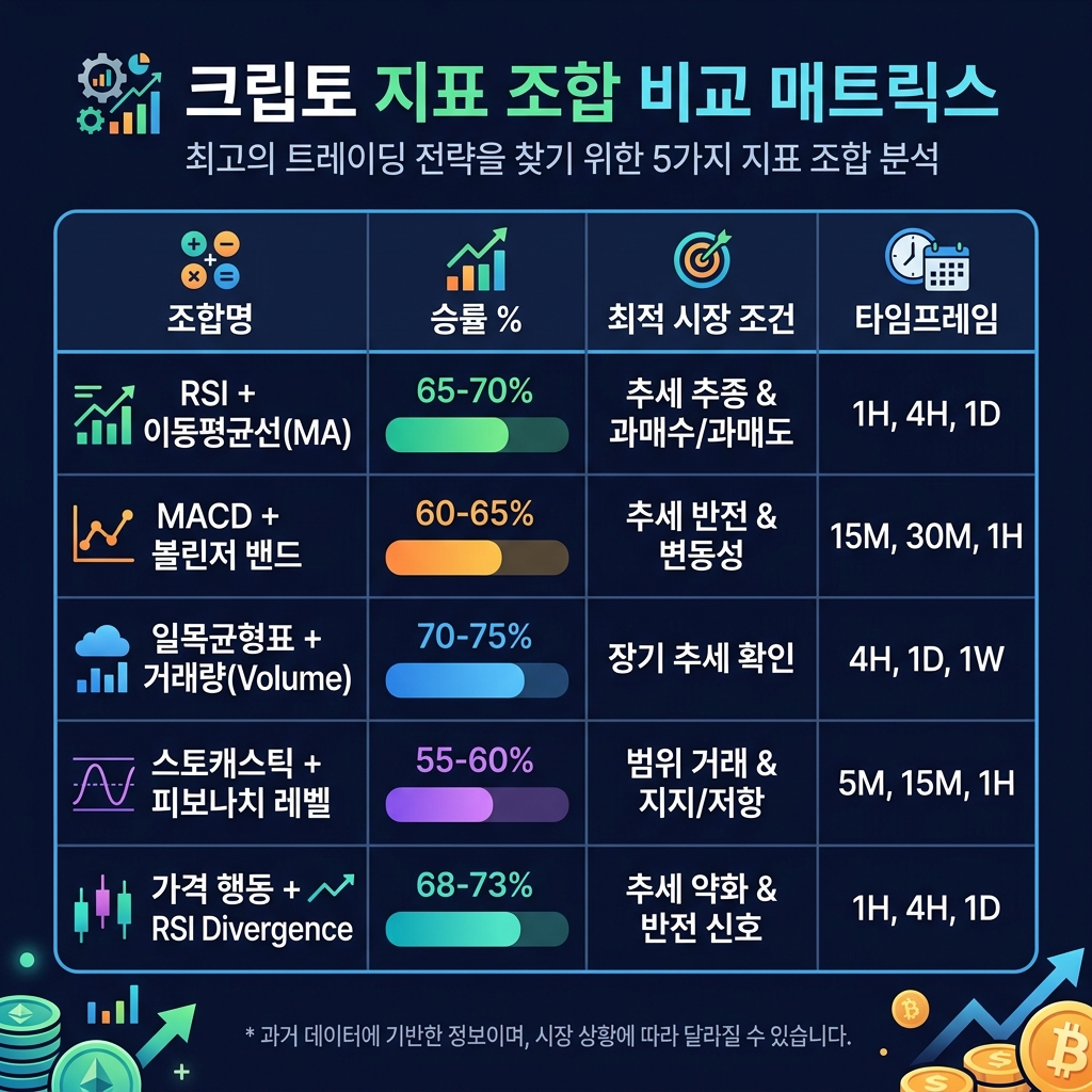 승률, 최적 시장 조건, 권장 타임프레임을 보여주는 5가지 보조지표 조합 비교 매트릭스