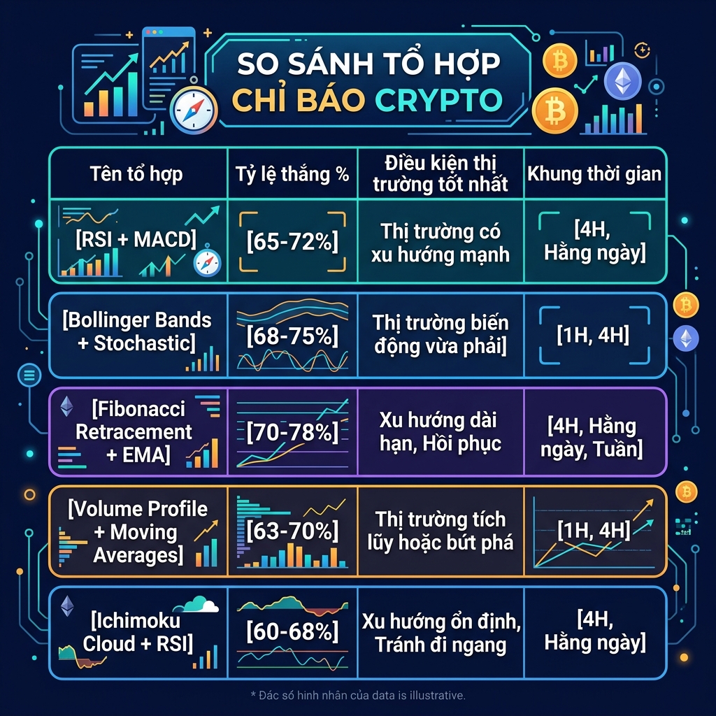 Bảng ma trận so sánh 5 tổ hợp chỉ báo hiển thị tỷ lệ thắng, điều kiện thị trường tốt nhất và khung thời gian khuyến nghị