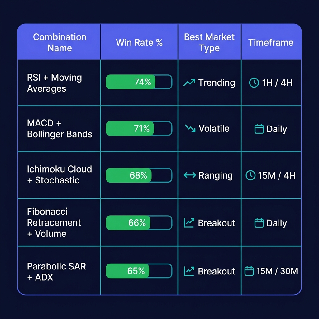 Comparison matrix of 5 indicator combinations showing win rates, best market conditions, and recommended timeframes