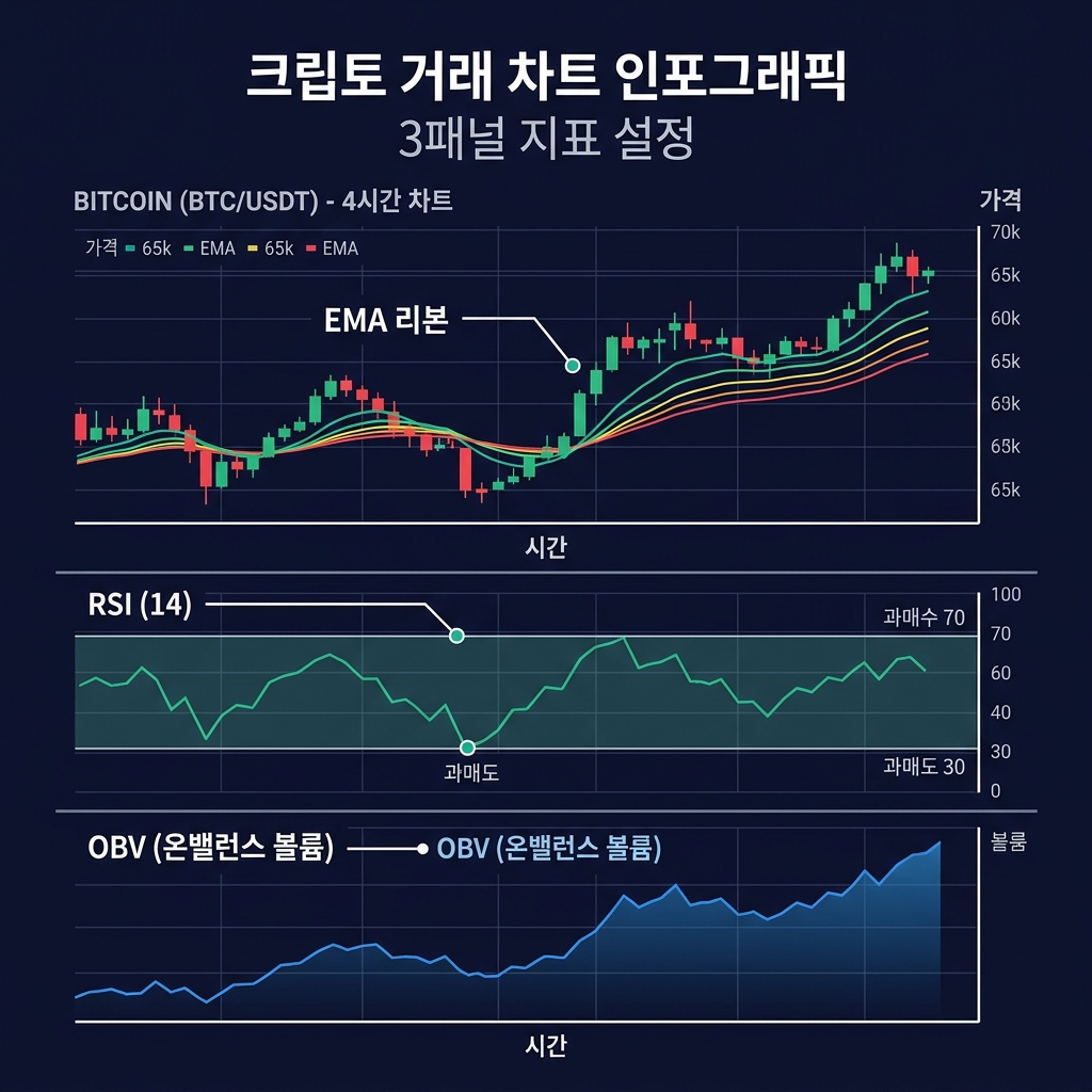 EMA 리본 추세 방향, 모멘텀 타이밍을 위한 RSI 오실레이터, 매집 확인을 위한 OBV 거래량 바를 보여주는 3분할 차트