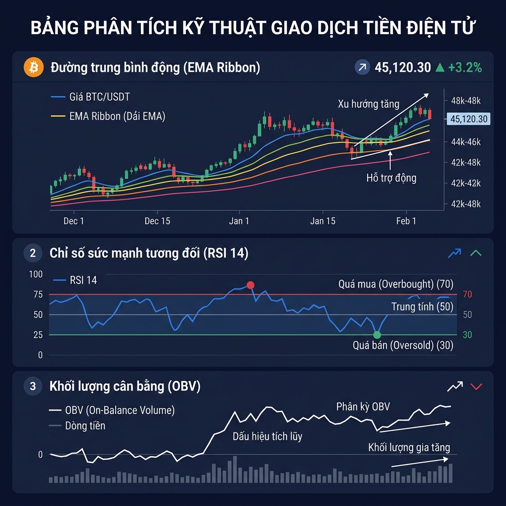 Biểu đồ ba phần hiển thị hướng xu hướng của đường EMA ribbon, chỉ báo dao động RSI để căn thời điểm động lượng và các cột khối lượng OBV để xác nhận tích lũy