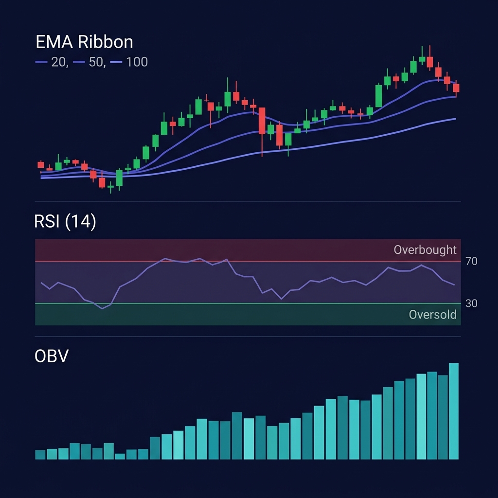 Three-panel chart showing EMA ribbon trend direction, RSI oscillator for momentum timing, and OBV volume bars for accumulation confirmation