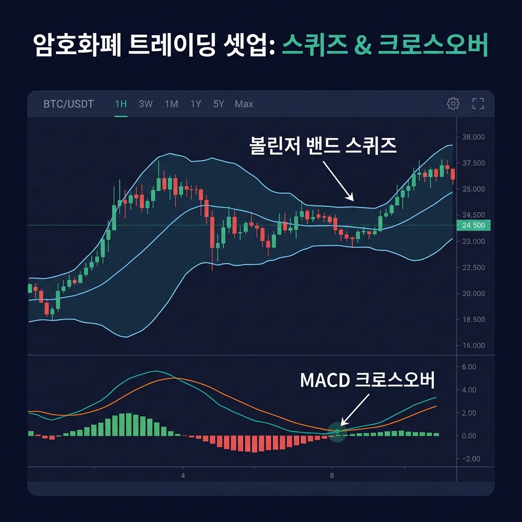 크립토 차트에서 볼린저 밴드가 수축하며 돌파 패턴을 형성할 때 볼린저 밴드 아래에서 신호선 교차를 보여주는 MACD 히스토그램