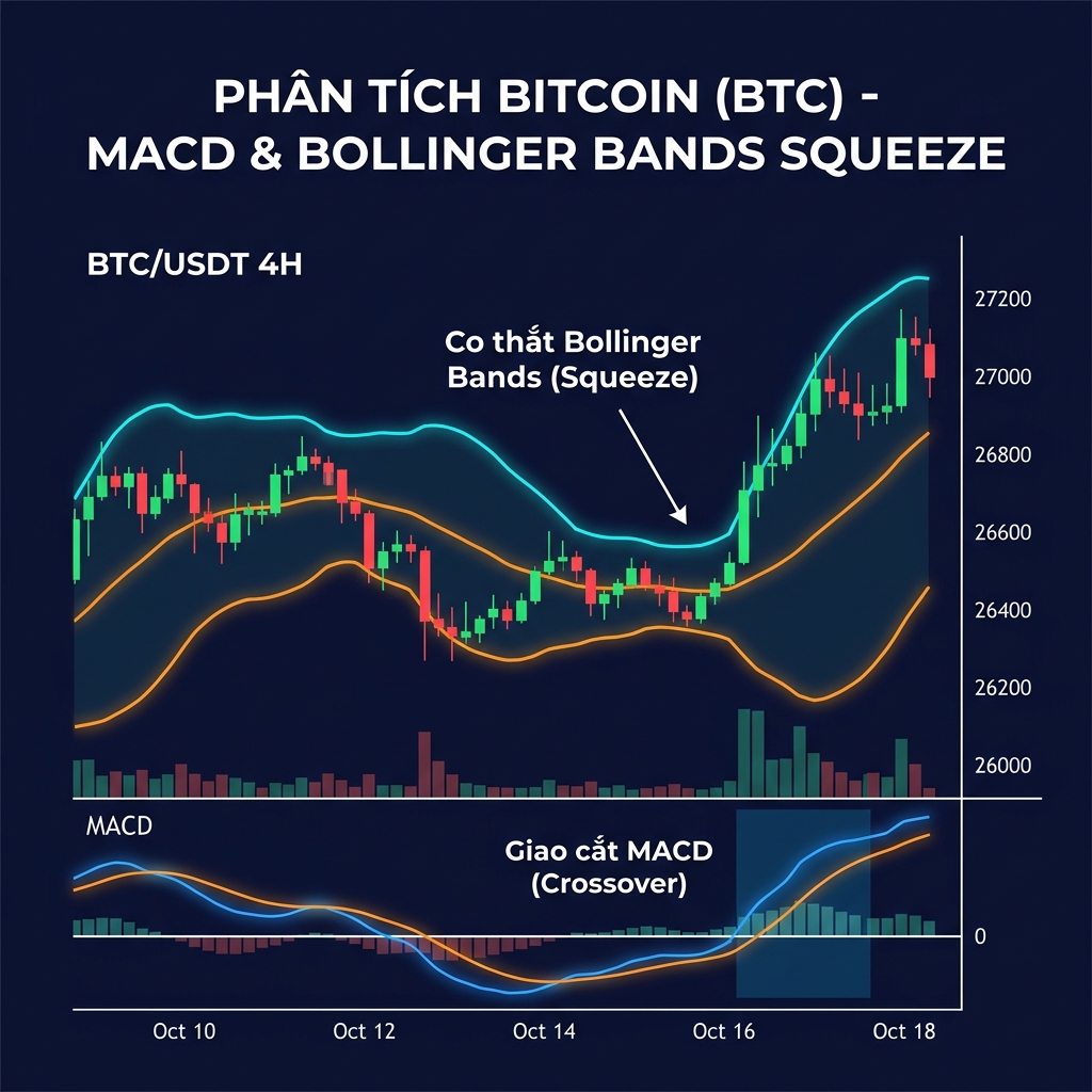 Biểu đồ MACD với đường tín hiệu cắt nhau bên dưới dải Bollinger co thắt thành mô hình bứt phá trên biểu đồ crypto