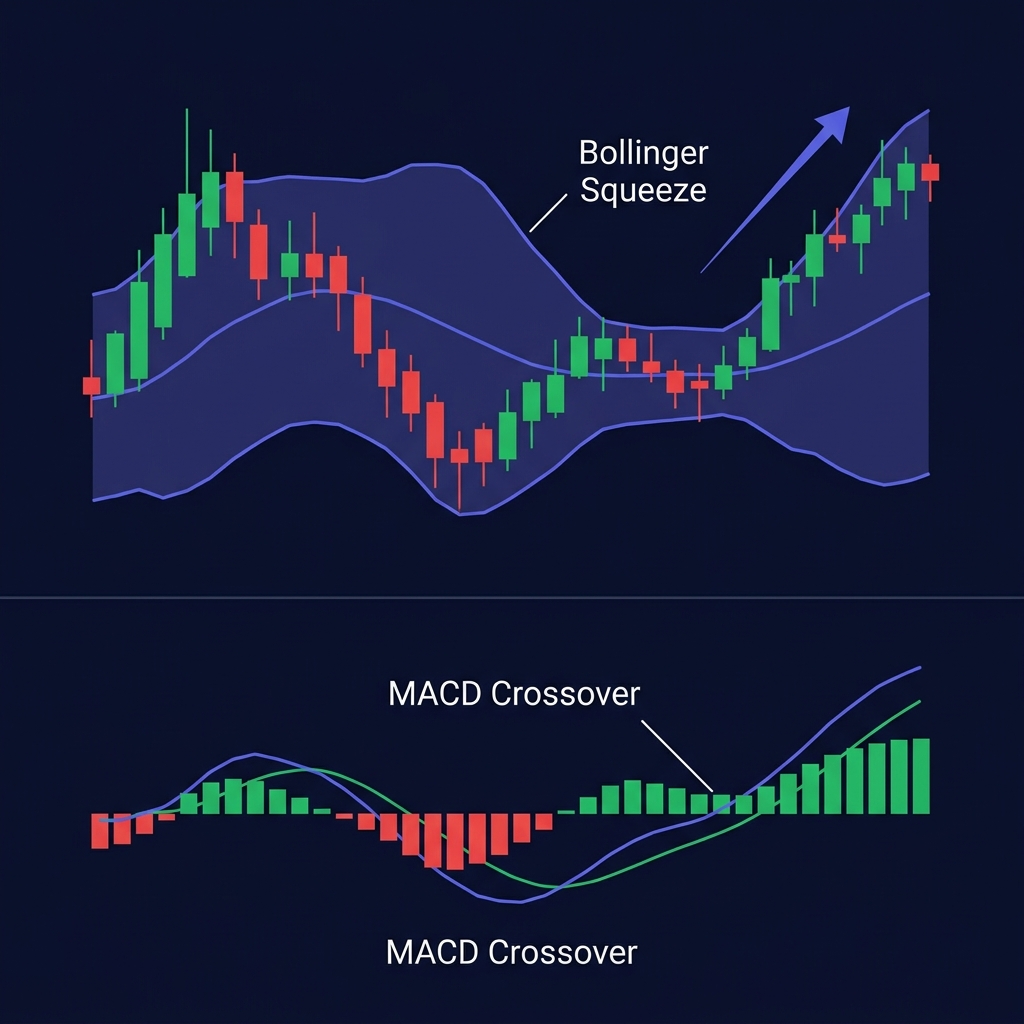 MACD histogram with signal line crossover below Bollinger Bands squeezing into a breakout pattern on a crypto chart
