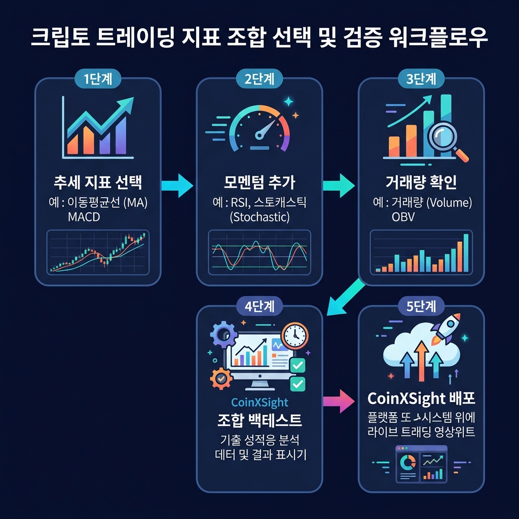 보조지표 조합을 선택, 백테스트 및 검증하는 일련의 작업 흐름도