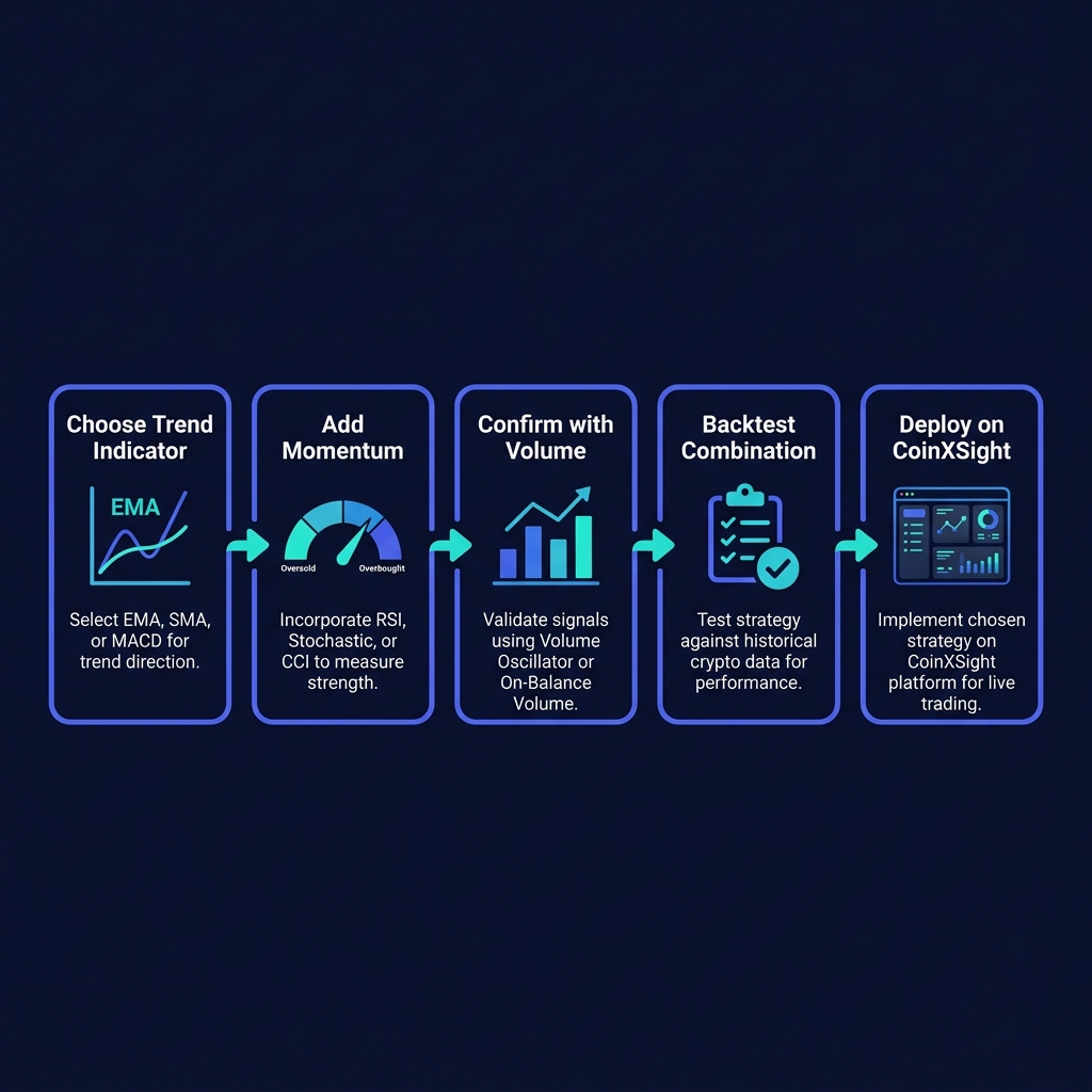 Step-by-step workflow showing how to select, backtest, and validate indicator combinations for crypto trading