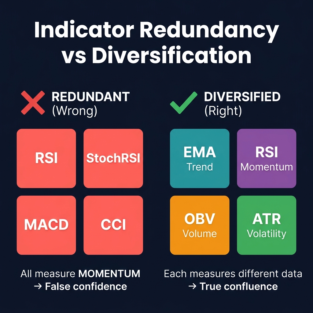 Indicator redundancy vs diversification — why using indicators from different categories creates true confluence