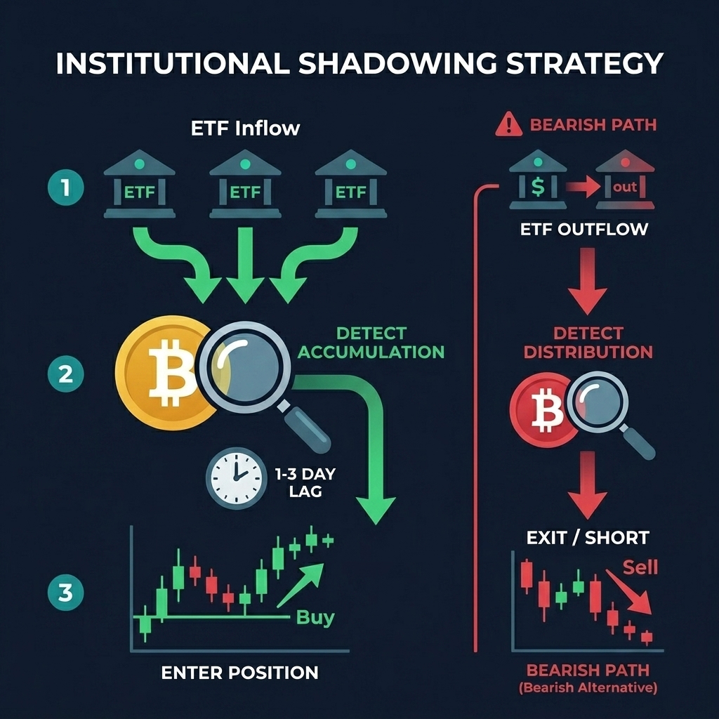 Institutional shadowing strategy — three-step flow from ETF inflow detection to accumulation to position entry