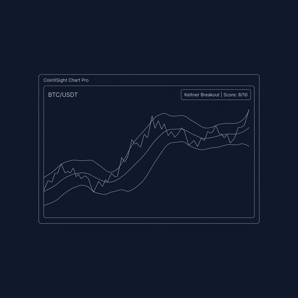 CoinXSight Chart Pro showing BTC Keltner Channel breakout with expanding bands and high Confluence Score