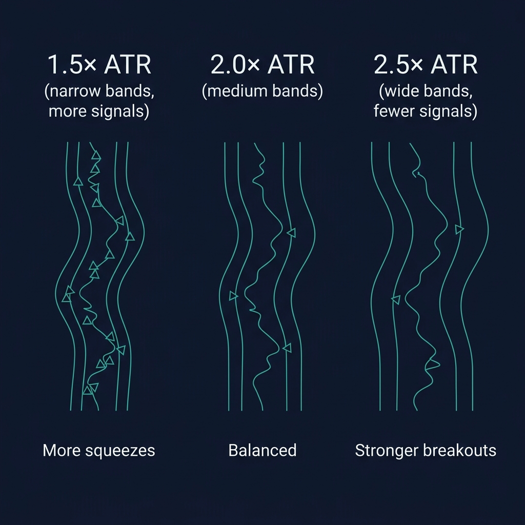 Keltner Channel settings comparison — narrow 1.5x bands (more squeeze signals) vs wide 2.5x bands (fewer, stronger breakouts)