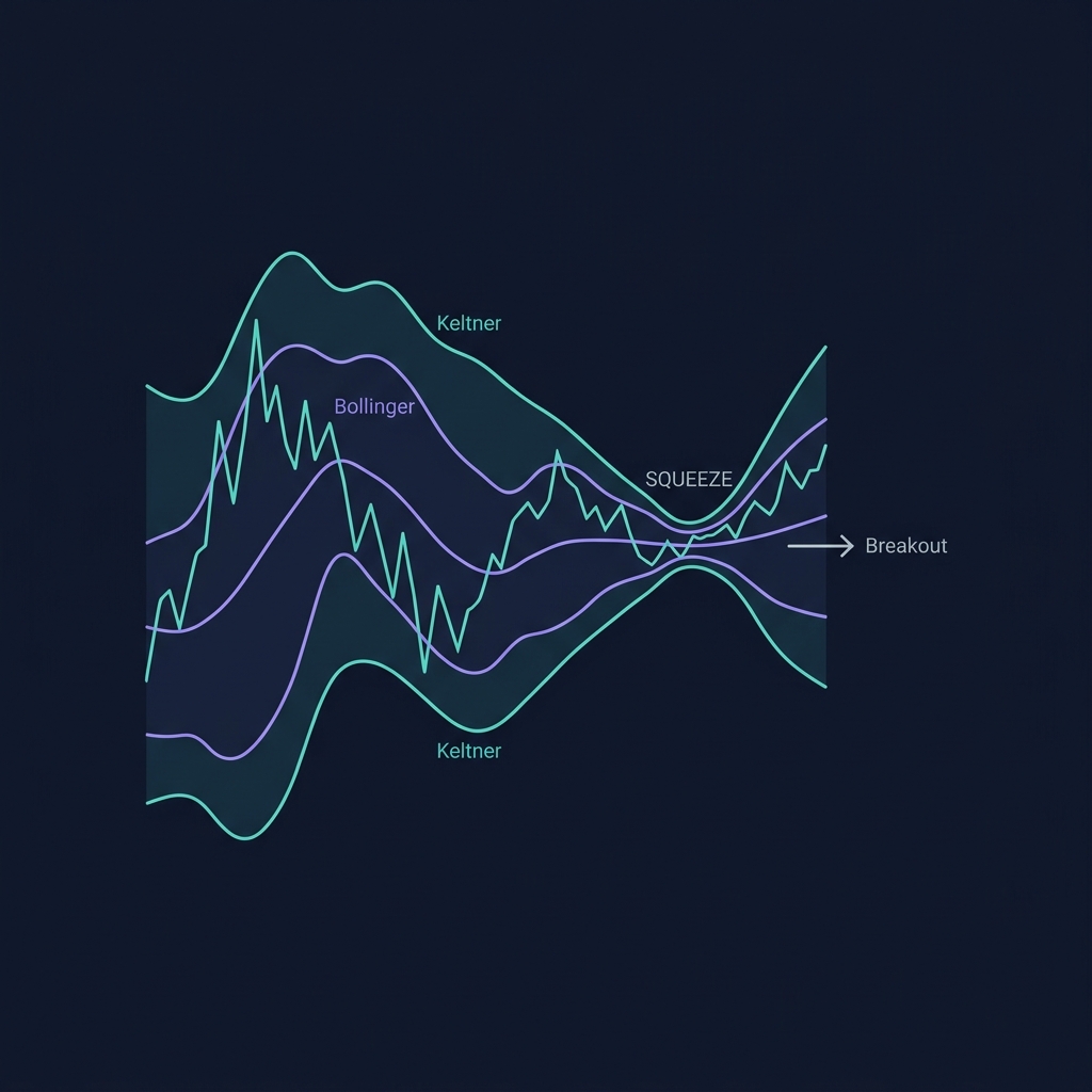Bollinger-Keltner Squeeze — Bollinger Bands contracting inside Keltner Channels then firing a breakout