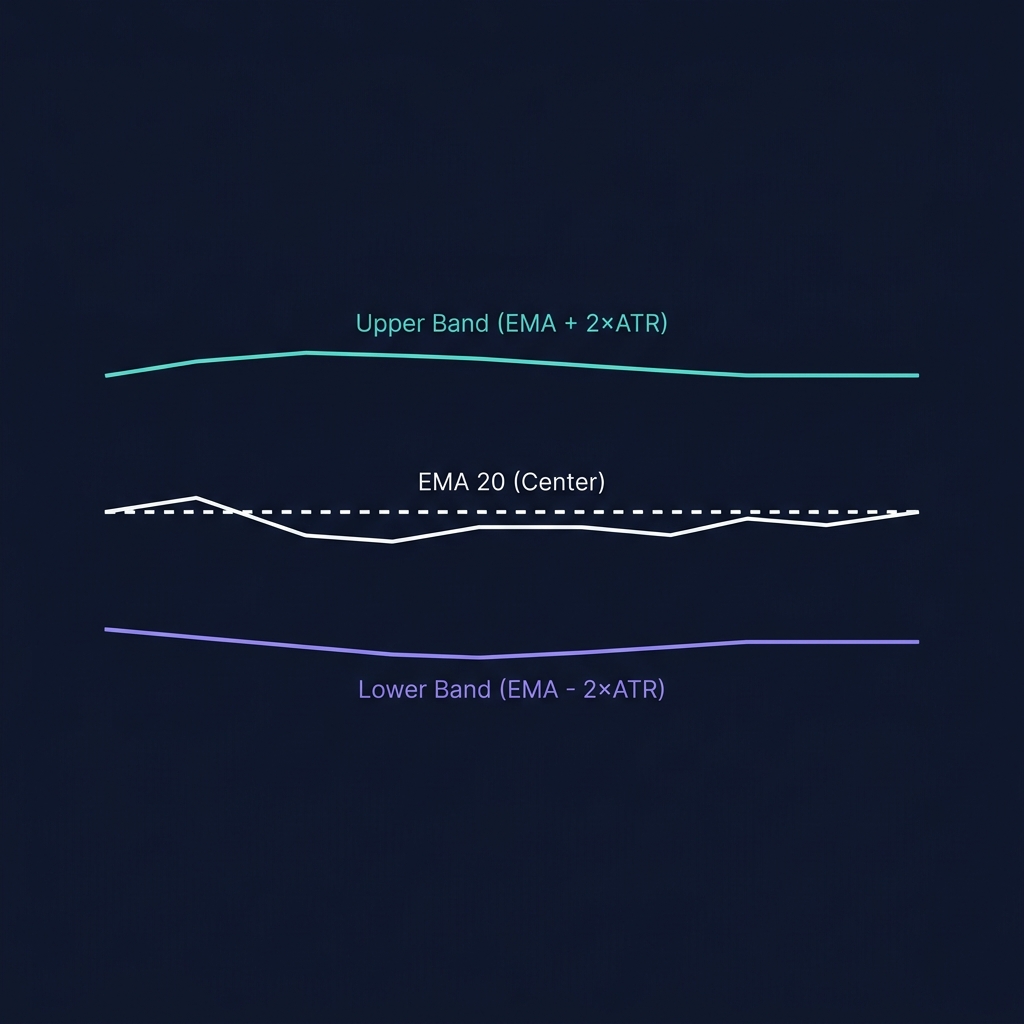 Keltner Channels structure — EMA centerline with upper and lower ATR-based bands forming the channel