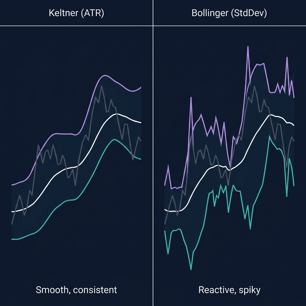 Keltner Channels vs Bollinger Bands — smooth ATR bands vs spiky standard deviation bands on the same price data