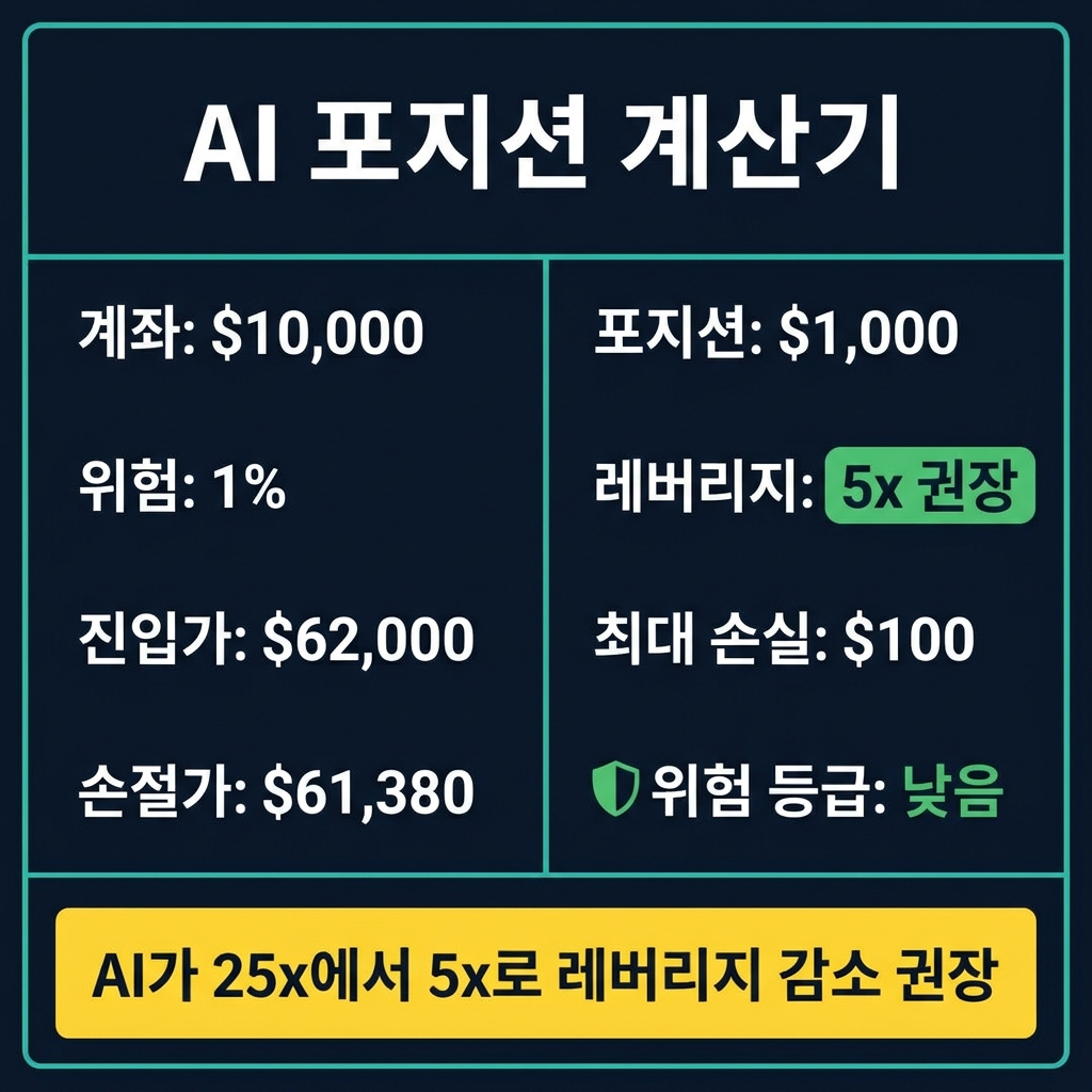 위험 지표, 권장 레버리지, 안전 배지가 탑재된 AI 기반 포지션 사이징 계산기를 보여주는 CoinXSight 차트 프로 모듈 화면