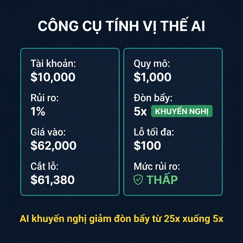 Module CoinXSight Chart Pro hiển thị bảng tính quy mô vị thế tích hợp AI với các chỉ số rủi ro, gợi ý đòn bẩy và huy hiệu an toàn