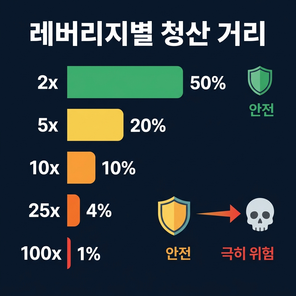 2배, 5배, 10배, 25배, 100배 레버리지별 청산 거리를 신호등 색상으로 위험도를 나타낸 비교 인포그래픽