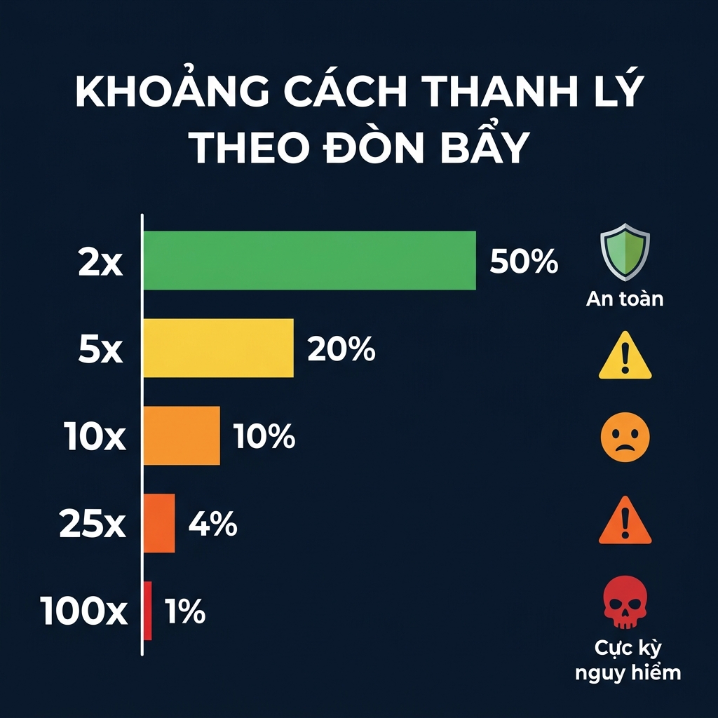 So sánh khoảng cách thanh lý ở các mức đòn bẩy 2x, 5x, 10x, 25x và 100x với các thanh mức độ nguy hiểm được mã hóa màu từ xanh đến đỏ