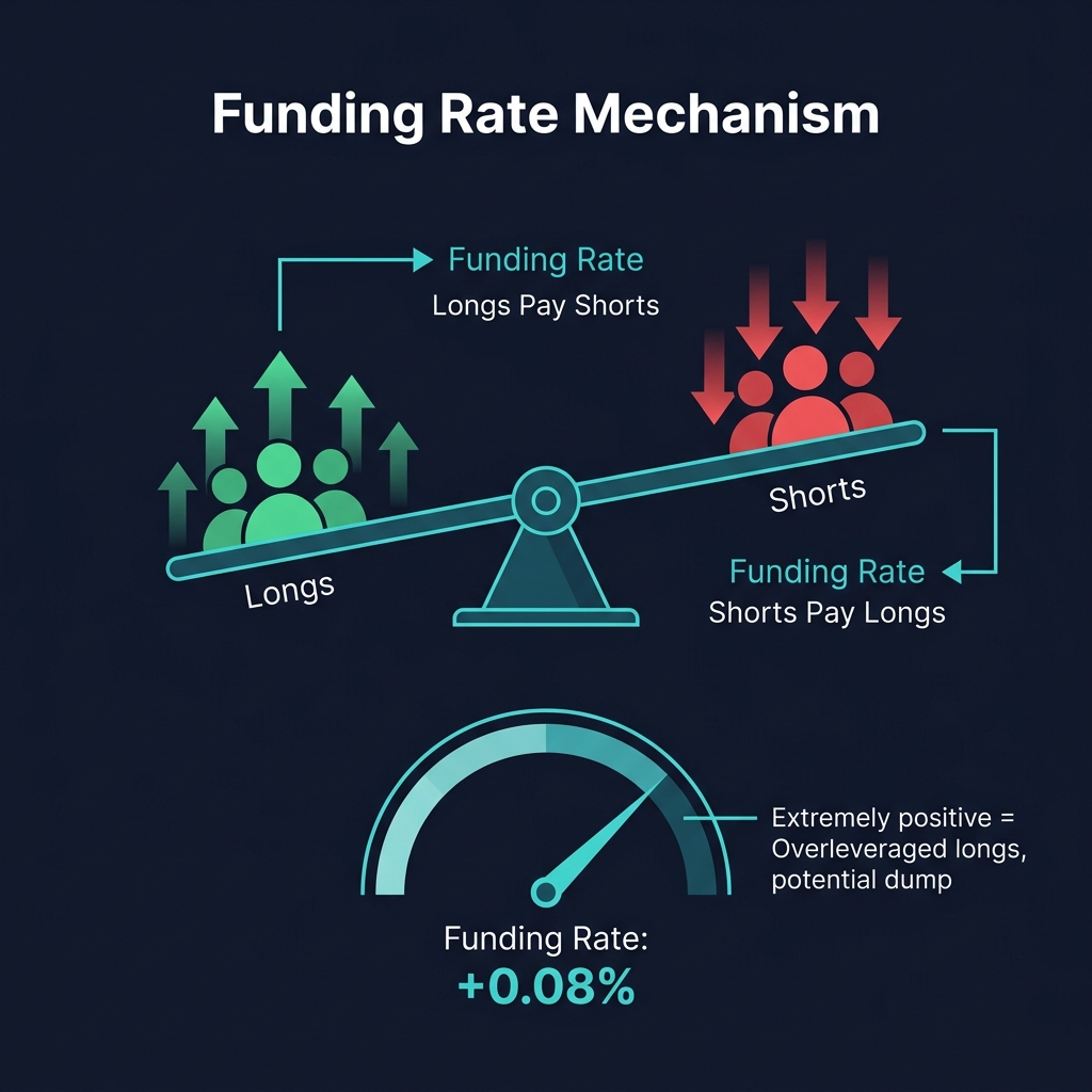 Funding rate mechanism — longs trả shorts khi positive, ngược lại khi negative