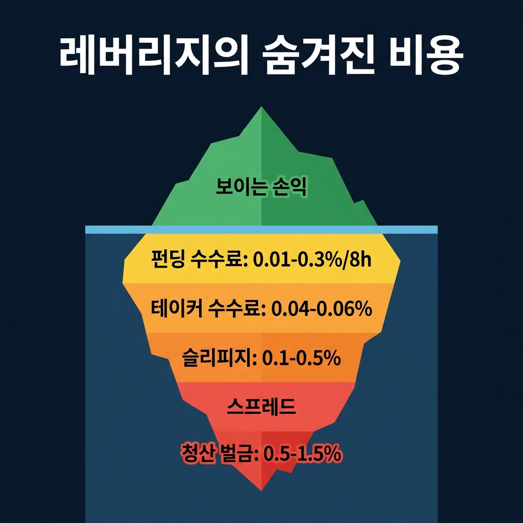 물 위에 보이는 트레이딩 손익과 물 밑에 숨겨진 펀딩비, 시장가 수수료, 슬리피지, 호가 스프레드, 청산 패널티 등의 비용을 빙하로 시각화한 이미지