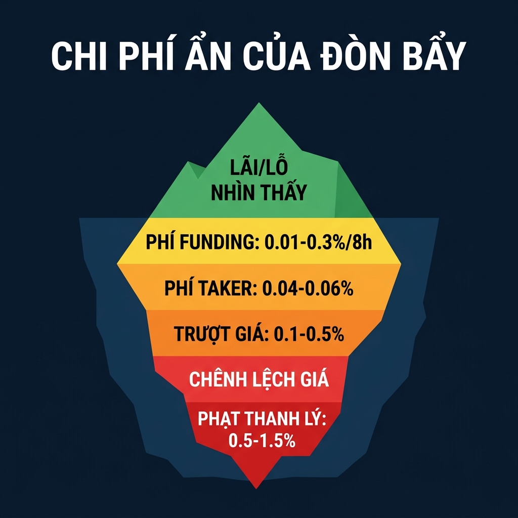 Hình ảnh tảng băng trôi minh họa lãi/lỗ giao dịch nhìn thấy được ở phần nổi và các chi phí ẩn ở phần chìm — tỷ lệ funding, phí taker, trượt giá, chênh lệch spread và hình phạt thanh lý