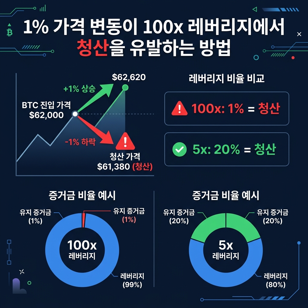 100배 레버리지에서 1% 하락이 초래하는 강제 청산과 5배 레버리지에서의 20% 여유 거리를 비교한 인포그래픽
