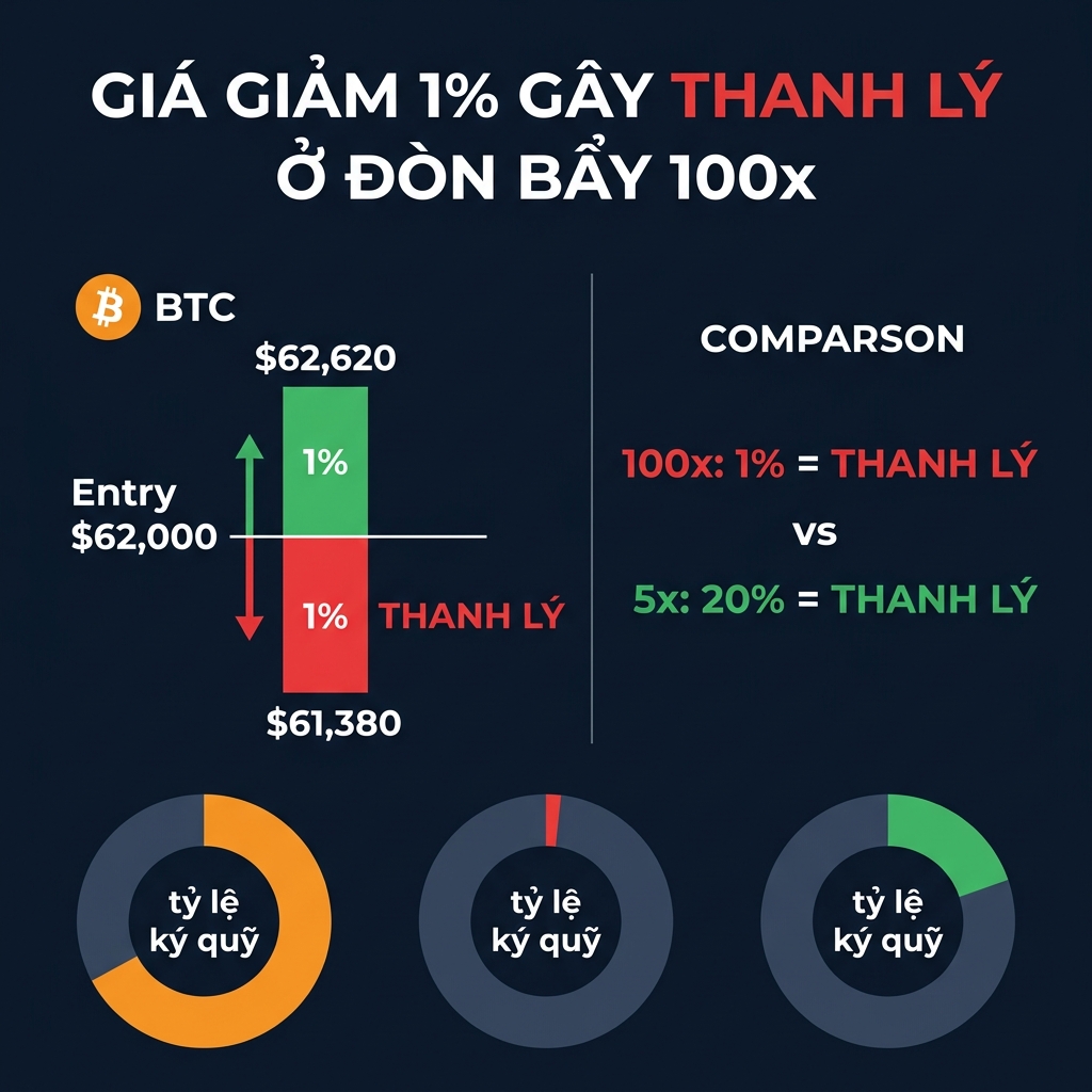 Hình ảnh minh họa cách giá BTC giảm 1% gây ra cháy tài khoản hoàn toàn ở đòn bẩy 100x so với khoảng cách 20% ở đòn bẩy 5x