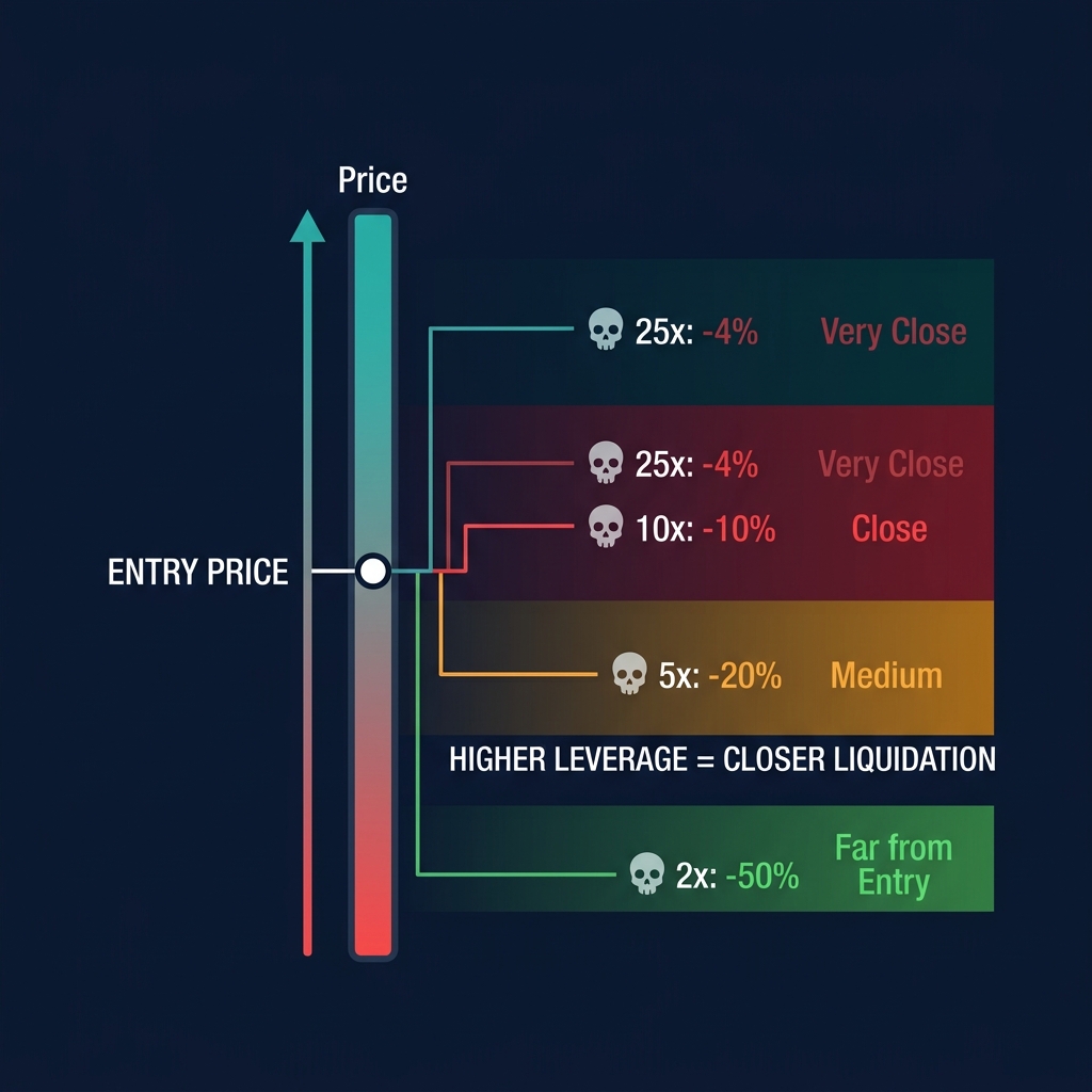 Leverage liquidation zones — 2x, 5x, 10x, 25x distance from entry